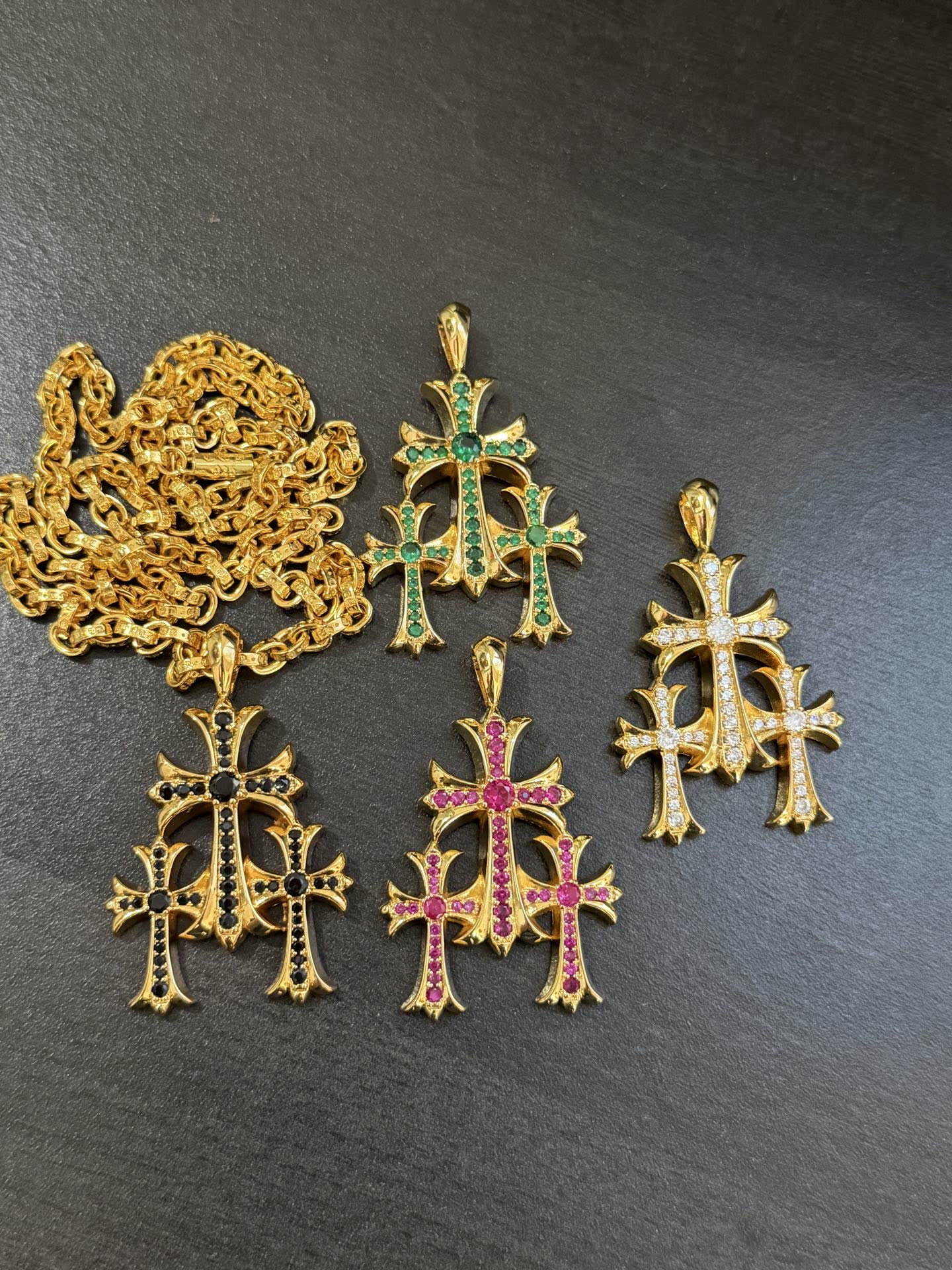 Chrome Hearts Gold Cross Pendants with Gemstones